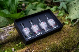 Eine Wild Tasting-Box Edelbrände & Geiste, die vier Miniaturflaschen enthält, steht im Freien auf moosbewachsenem Boden inmitten von grünen Blättern und einem Baumstamm.
