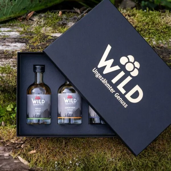 Die Wild Tasting-Box Goldbrände, eine schwarze Geschenkbox, enthält drei Flaschen und wird im Freien auf Moos und Holz präsentiert.