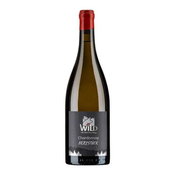 Eine Flasche Chardonnay Herzstück trocken mit schwarzem Etikett und rotem Wachssiegel auf dem Deckel.