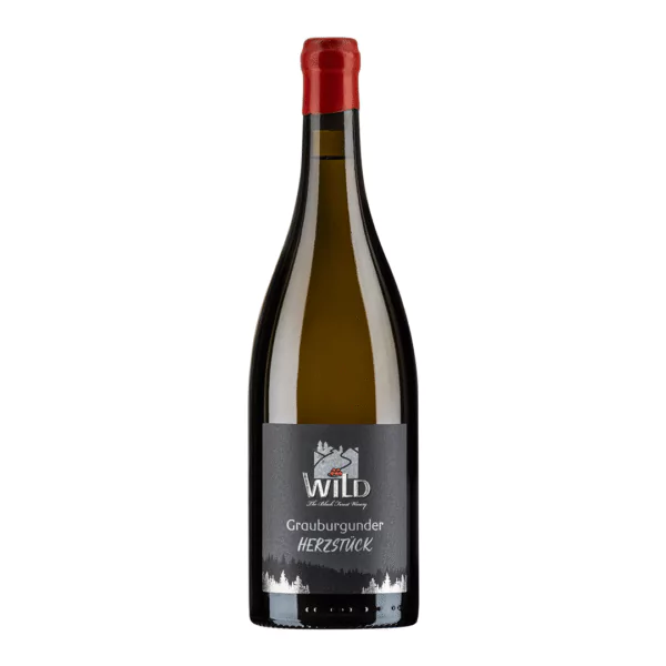 Eine Flasche Grauburgunder trocken Herzstück Weißwein mit dunklem Etikett und rotem Wachssiegel am Hals.