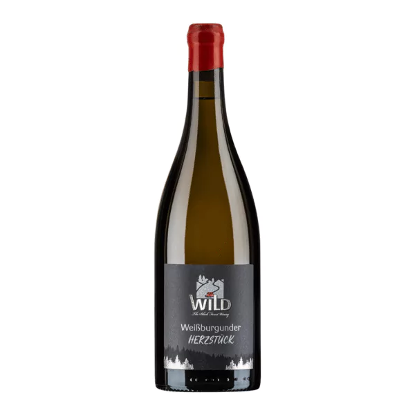 Eine Flasche Weißburgunder trocken Herzstück Weißwein mit dunklem Etikett und rotem Wachssiegel auf dem Deckel.