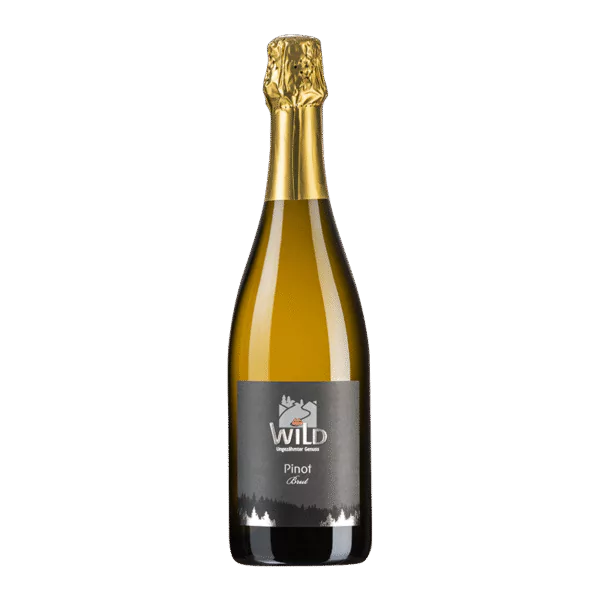 Eine Flasche Pinot Sekt Brut mit einem in Goldfolie eingeschlagenen Verschluss und einem dunklen Etikett mit Berglogo.