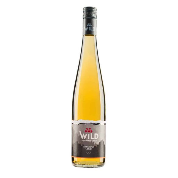 Eine hohe, klare Glasflasche mit Schraubverschluss, gefüllt mit einer goldenen Flüssigkeit. Auf dem Etikett steht "Wild" und "Aprikosen Gold" mit einer Abbildung von Bergen und Aprikosen.