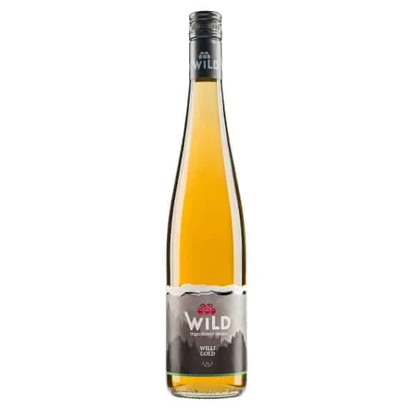 Eine hohe, klare Glasflasche mit einem schwarzen Schraubverschluss und einem weißen Etikett mit Berggrafik und Text.