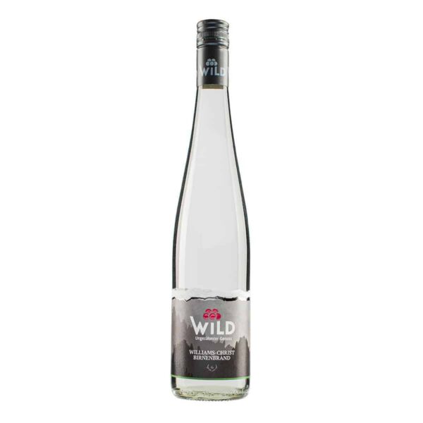 Klarglasflasche von Wild Williams-Christ Birnenbrand mit silbernem Verschluss und einem Etikett mit Bergmotiv und roten Kirschen.