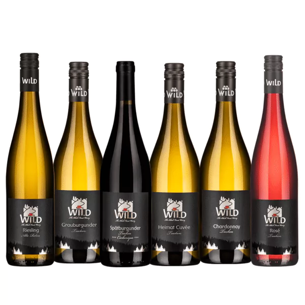 Das Winzer's Favorite klein-Weinpaket besteht aus sechs Flaschen - Riesling, Grauburgunder, Spätburgunder, Heimat Cuvée, Chardonnay und Rosé - jede mit einem schwarzen Etikett und einer eigenen Farbe.