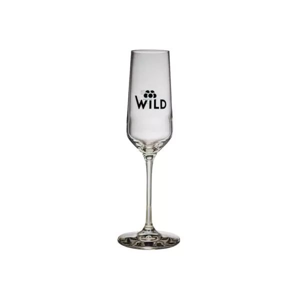 Eine klare Sektflöte mit dem Schriftzug WILD" und einem Pfotenabdruck auf der Schale vor weißem Hintergrund aus der Wild Tasting-Box Goldbrände Kollektion.