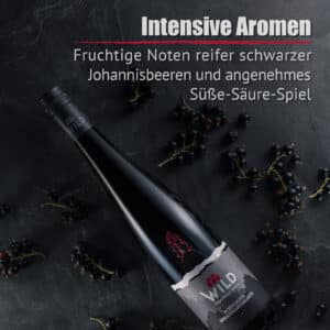 Eine Flasche Schwarzer Johannisbeerlikör ruht auf einer dunklen Oberfläche mit schwarzen Johannisbeeren. Der deutsche Text hebt die fruchtigen Noten der schwarzen Johannisbeeren und den ausgewogenen süß-sauren Geschmack hervor.