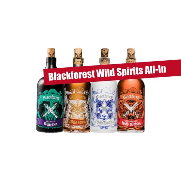 Vier Flaschen von Blackforest Wild Spirits - Wild Gin, Wild Rum, Wild Vodka und Wild Whisky - stehen in einer Reihe mit einem roten Banner, auf dem Blackforest Wild Spirits All-In steht.