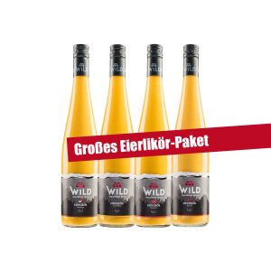 Vier hohe Flaschen mit dem Likör Wild Eierlikör sind nebeneinander angeordnet, darüber hängt ein rotes Banner mit der Aufschrift Großes Eierlikör-Paket.