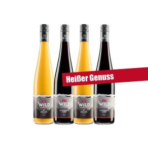 Vier Flaschen der Marke Wild, zwei gelbe und zwei dunkelrote, mit einem roten Banner quer über dem Bild mit der Aufschrift Heißer Genuss.