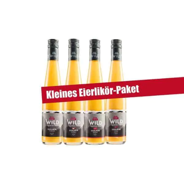 Vier Flaschen des Likörs Wild Eierlikör stehen in einer Reihe, darüber ein rotes Banner mit der Aufschrift Kleines Eierlikör-Paket auf weißem Hintergrund.
