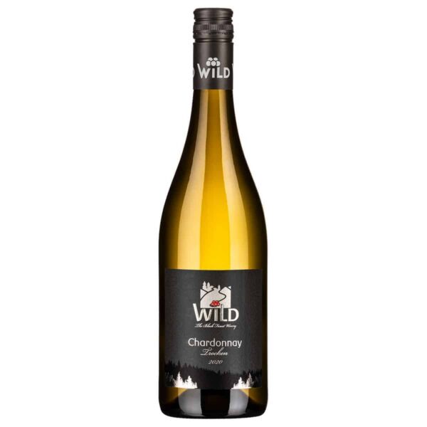 Eine Flasche Wild Chardonnay Treviso 2019 mit schwarzem Etikett und Schraubverschluss auf weißem Hintergrund.