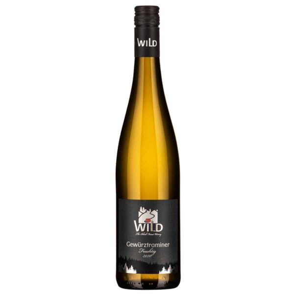 Eine hohe, bernsteinfarbene Weinflasche mit der Aufschrift Wild Gewürztraminer Fruity, einem schwarzen Schraubverschluss und einem schwarzen Etikett mit einem weißen Hirsch und einem roten Herz.