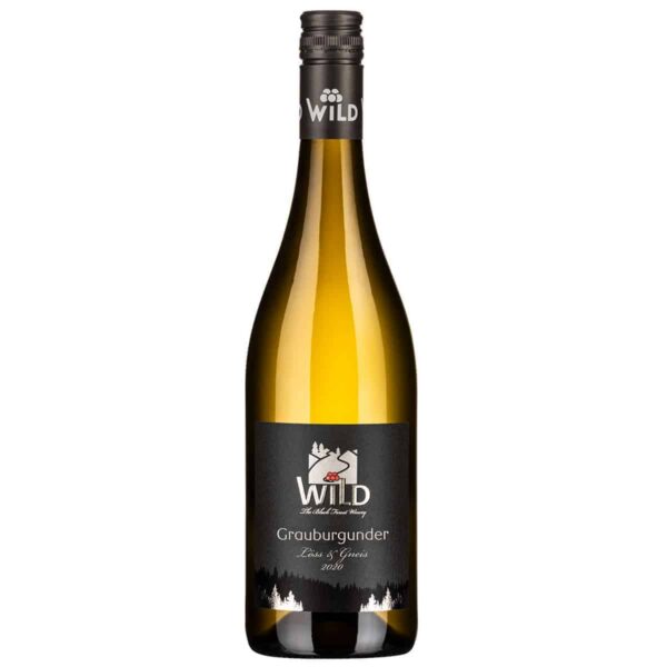 Eine Flasche WILD Grauburgunder Weißwein mit schwarzem Etikett und Schraubverschluss, aufrecht stehend vor einem weißen Hintergrund.