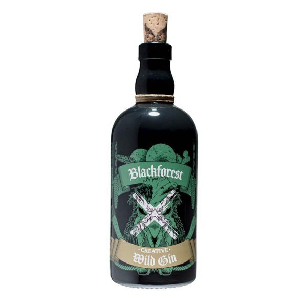 Eine Flasche Bratapfellikör aus dunklem Glas mit Korkverschluss und einem illustrierten grün-goldenen Etikett.