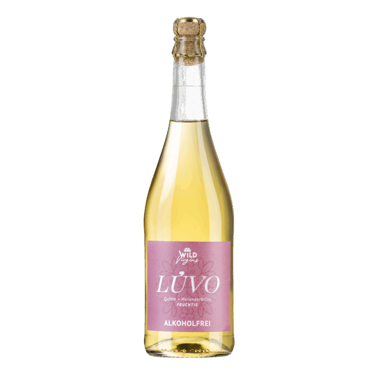 Eine Flasche LÚVO Quitte x Holunderblüte - Alkoholfreier Sekt mit einem in Goldfolie verpackten Korken und einem rosa Etikett, das ihn als alkoholfrei ausweist.