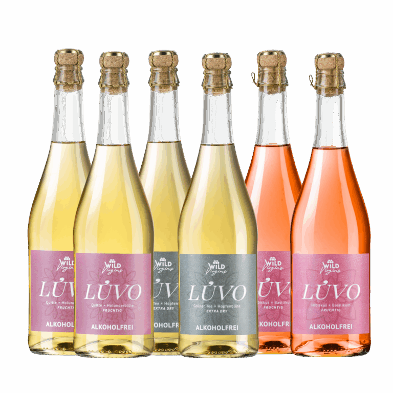 Das LÚVO Bundle Groß zeigt sechs Flaschen alkoholfreien Sekt - drei weiße und drei roséfarbene - in zwei Reihen auf einem transparenten Hintergrund.
