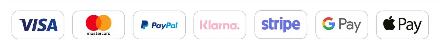 Eine Reihe von Logos für Zahlungsarten: Visa, Mastercard, PayPal, Klarna, Stripe, Google Pay und Apple Pay.